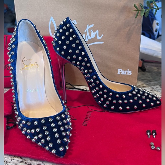 Christian Louboutin BILLY 120 Velvet Silver Studded Eclipse High Heels EU 37 - Picture 5 of 14